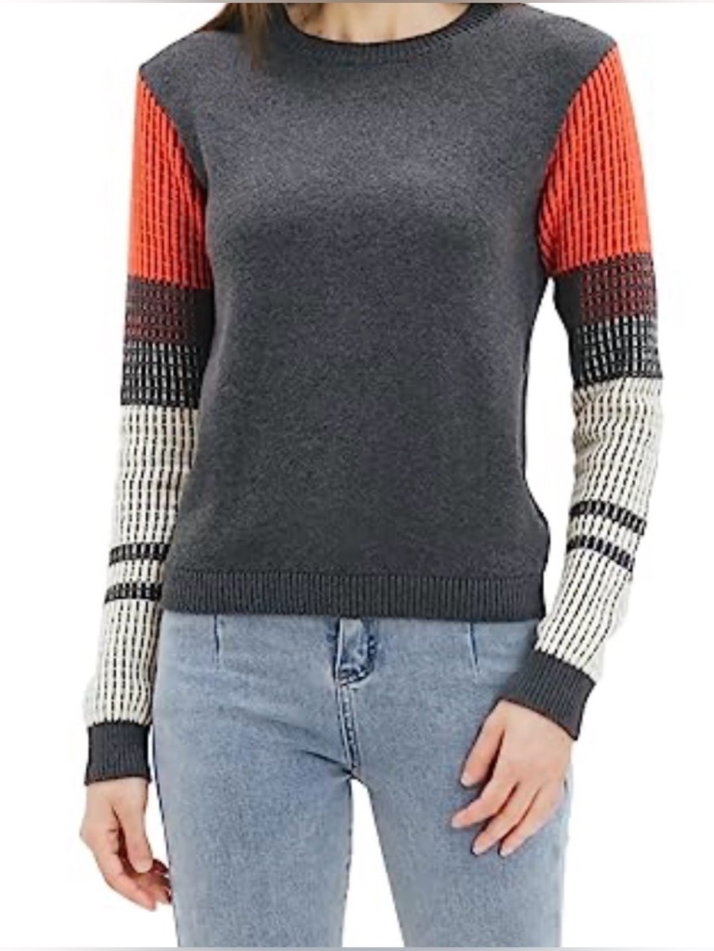 Cable Stitch Contrast-Sleeve Cotton Red Gray White Sweater SzXL Knit Pullover